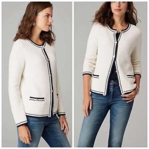 J. Jill Cardigan S L Contrast Trim Sweater Jacket Nautical Coastal Beach Preppy‎ - Picture 1 of 8